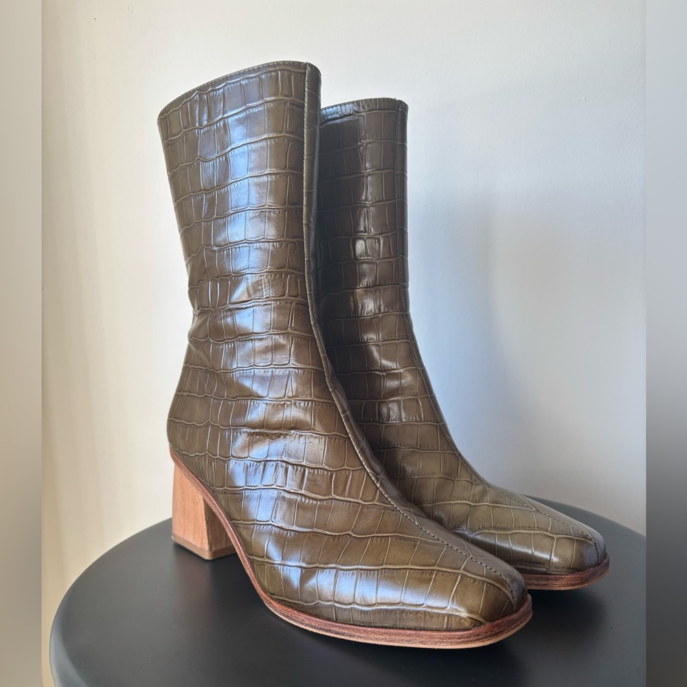 Paloma Wool Olive Croc-Embossed Heeled Boots